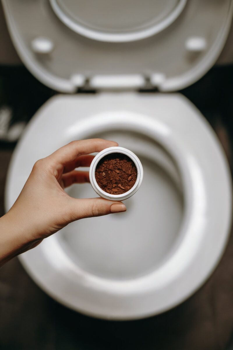 Hand holding a container of powdered cleaner over a toilet bowl