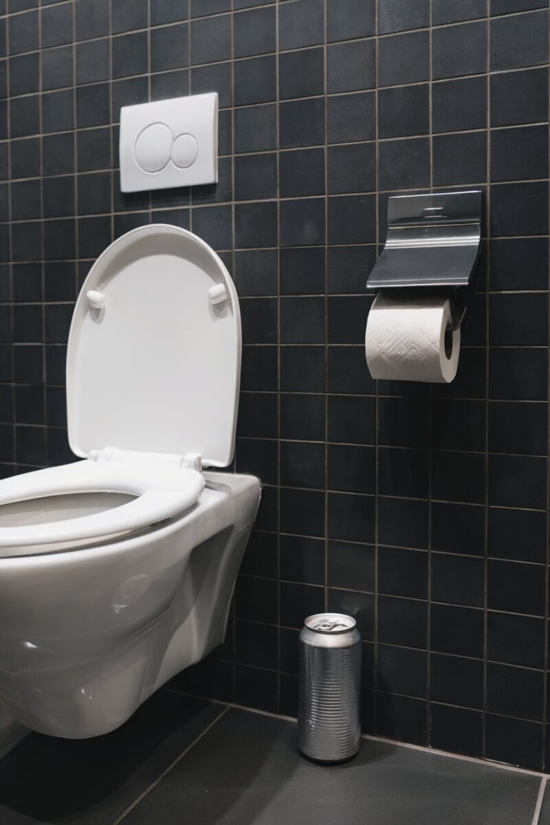 Minimalistic black-tiled bathroom with a wall-mounted toilet and toilet paper holder