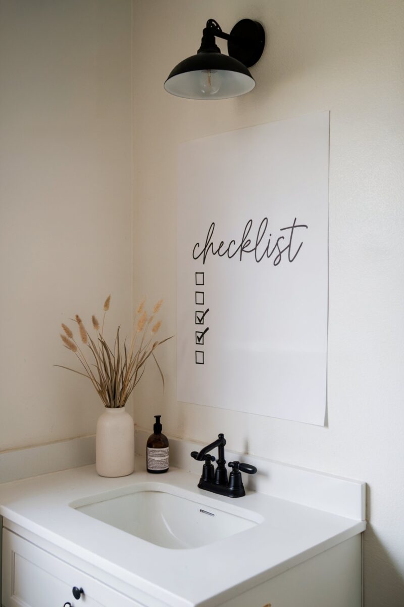 Bathroom sink with a "checklist" wall art above it