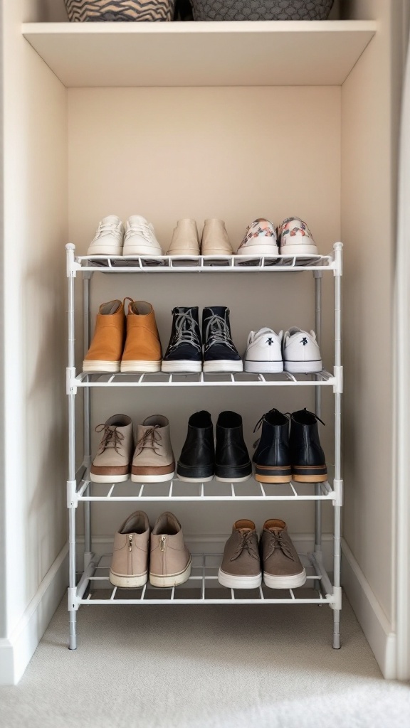 A neat shoe rack with various pairs of shoes organized on multiple shelves.