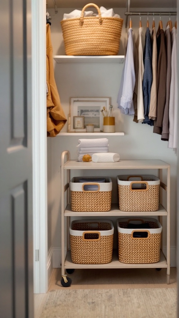 A neatly organized closet featuring a rolling cart with woven baskets, clothes hanging, and decorative items on shelves.