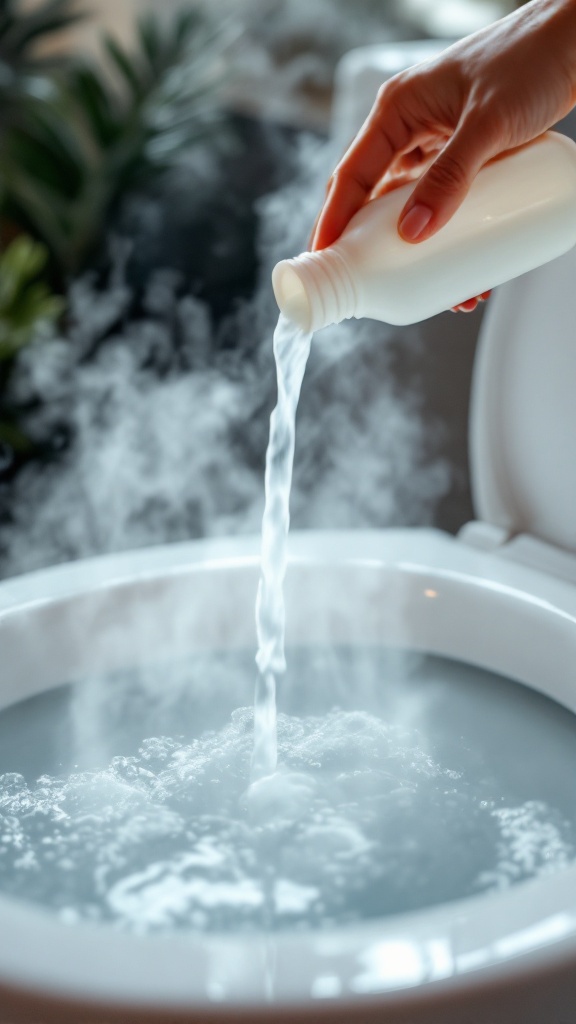 A hand pouring dish soap into a toilet bowl with steam rising.