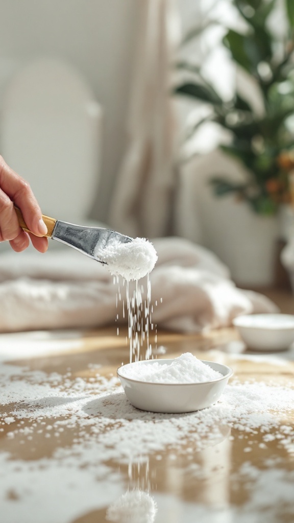 A person pouring salt from a scoop into a small bowl, with a clean bathroom setting in the background.