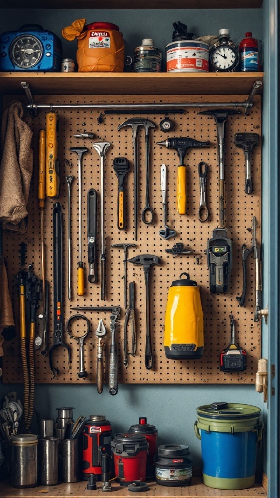 A pegboard organized with various tools and containers for efficient storage.