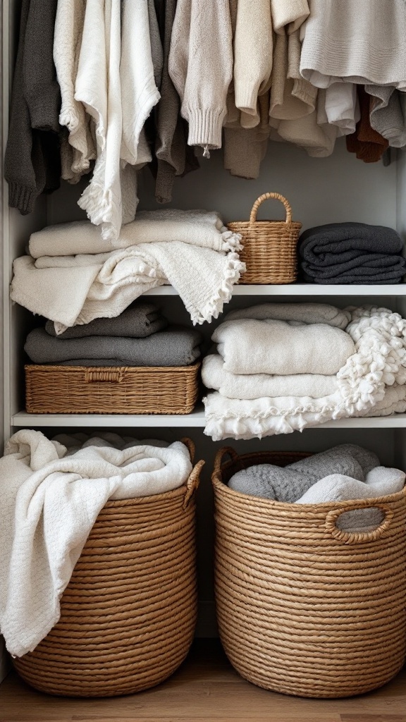 A neatly organized closet with soft goods stored in various woven baskets.