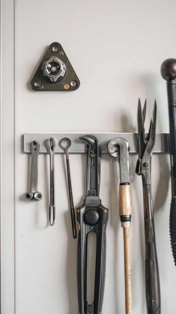 A magnetic strip with various metal tools attached, showcasing a neat organization solution.