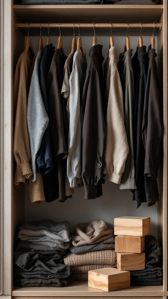 Organized closet with cedar blocks on the shelf