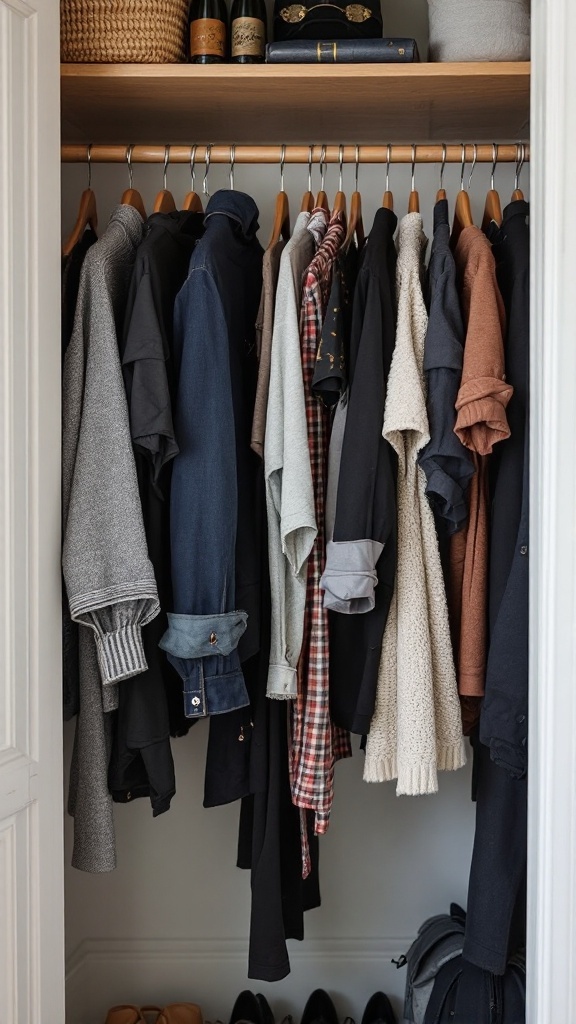 A closet with organized clothing on hangers, showcasing hanging rod extensions for extra clothing space.