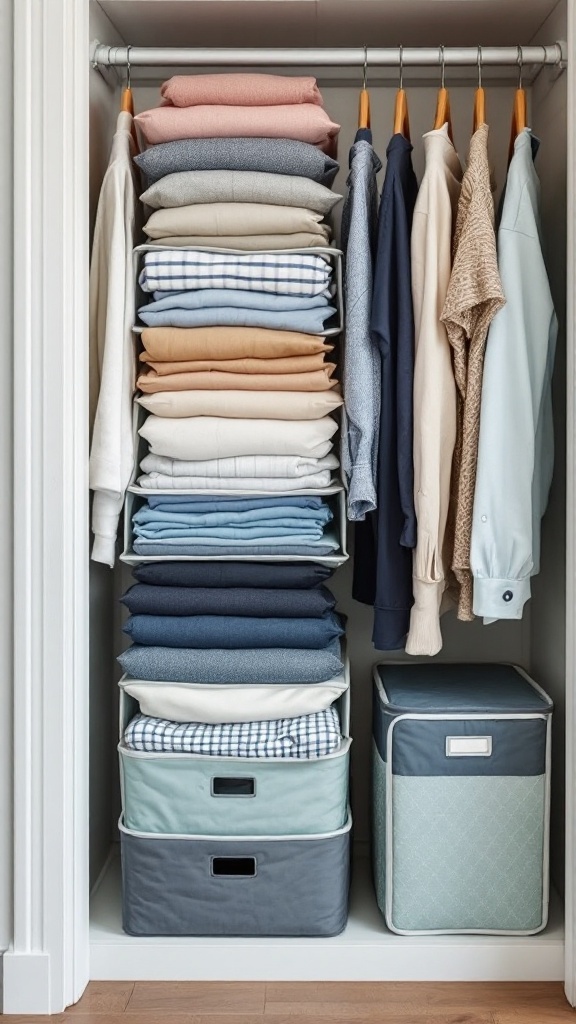 Neatly organized closet with foldable clothes and storage bins