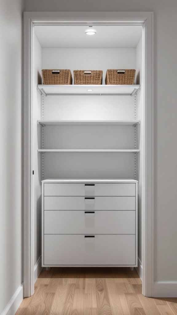 A well-organized closet with shelves, drawers, and baskets.