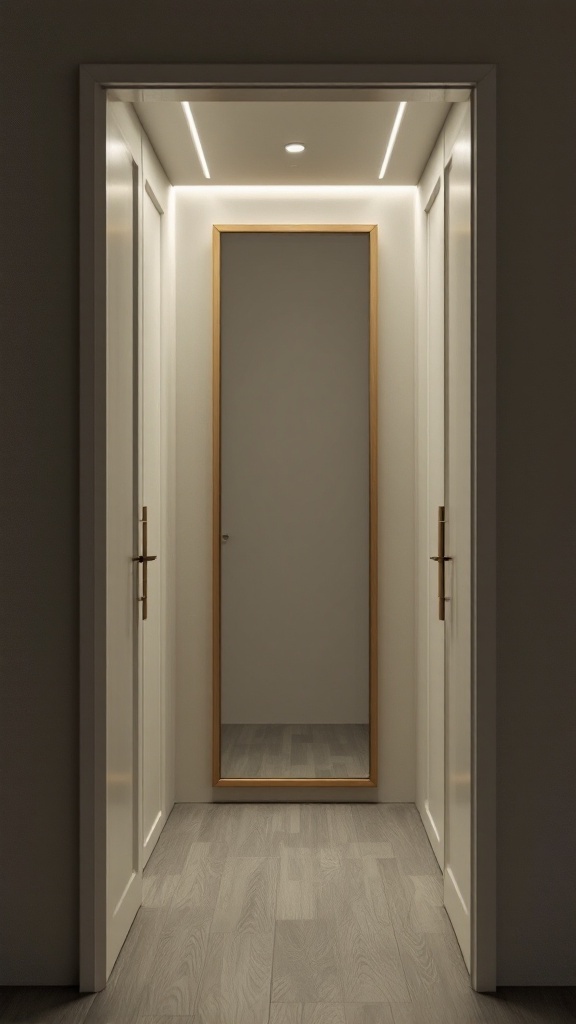 A narrow hallway featuring a large mirror framed in wood, enhancing the space with light and depth.