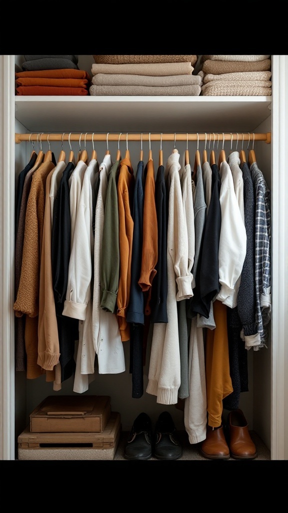 A neatly organized closet with seasonal clothing and folded sweaters.