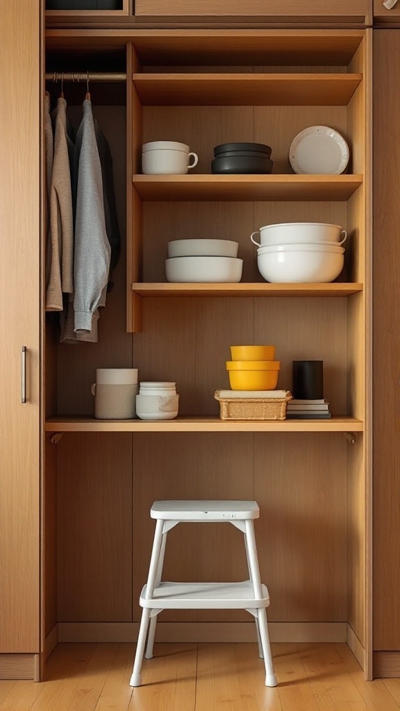 A neatly organized closet with a step stool for easy access to high shelves.