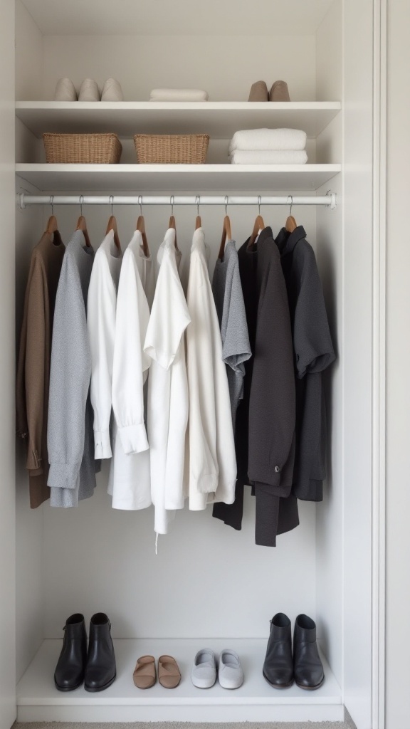 A well-organized closet with a capsule wardrobe displaying simple, neutral-colored clothing and neatly arranged shoes.