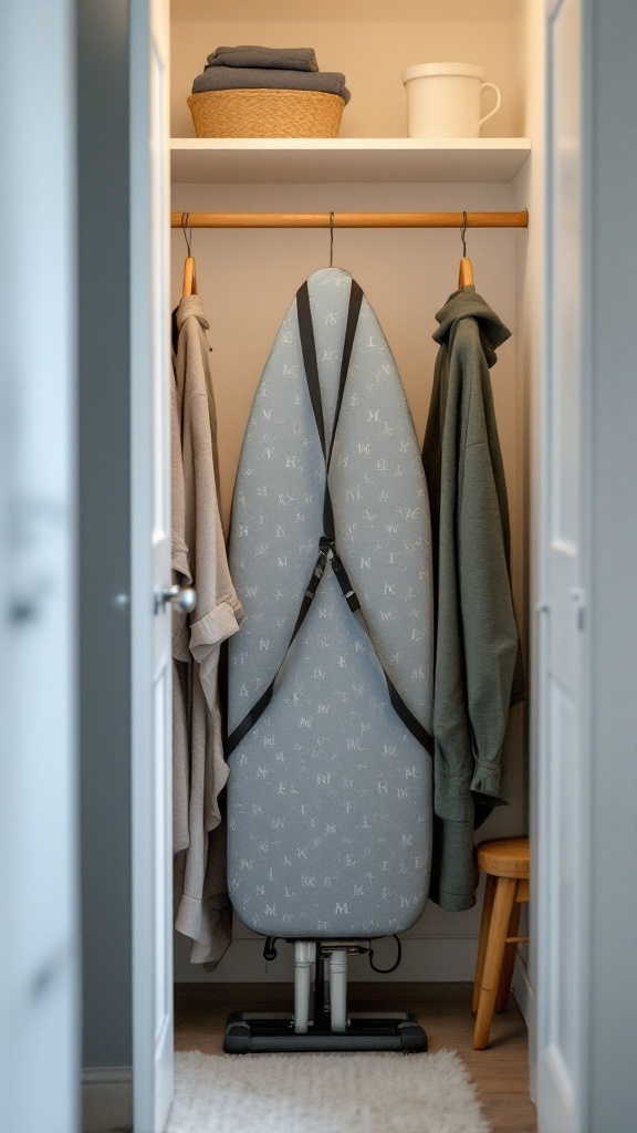 Compact ironing board stored behind clothes in a small closet