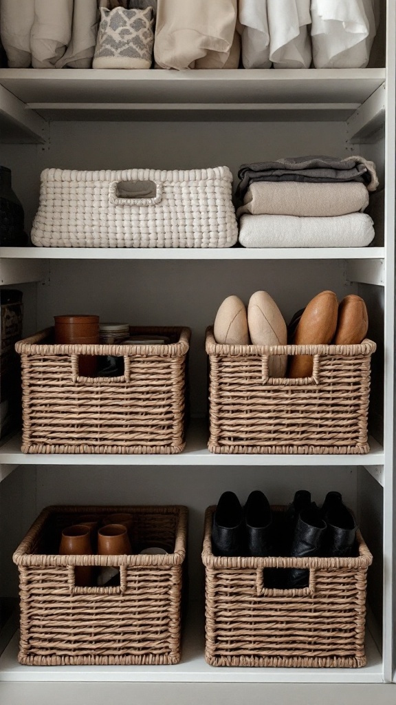 A neatly organized closet featuring under-shelf baskets filled with shoes and accessories.