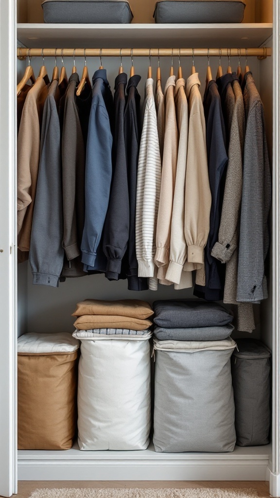 Organized closet with collapsible storage bags and neatly hung clothing