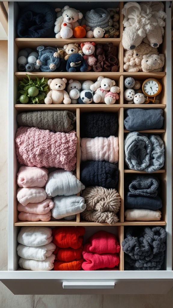 Organized drawer with dividers displaying socks and plush toys.