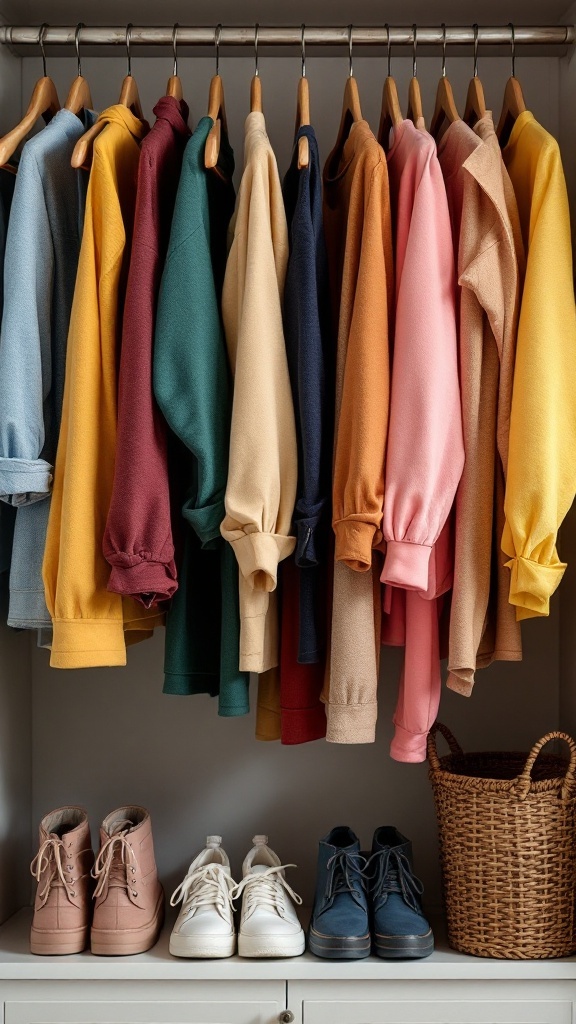 A neatly organized closet with color-coordinated clothing and shoes.