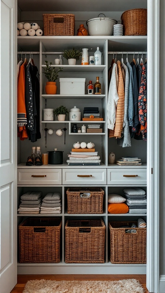 A neatly organized closet featuring shelves, baskets, and folded towels.