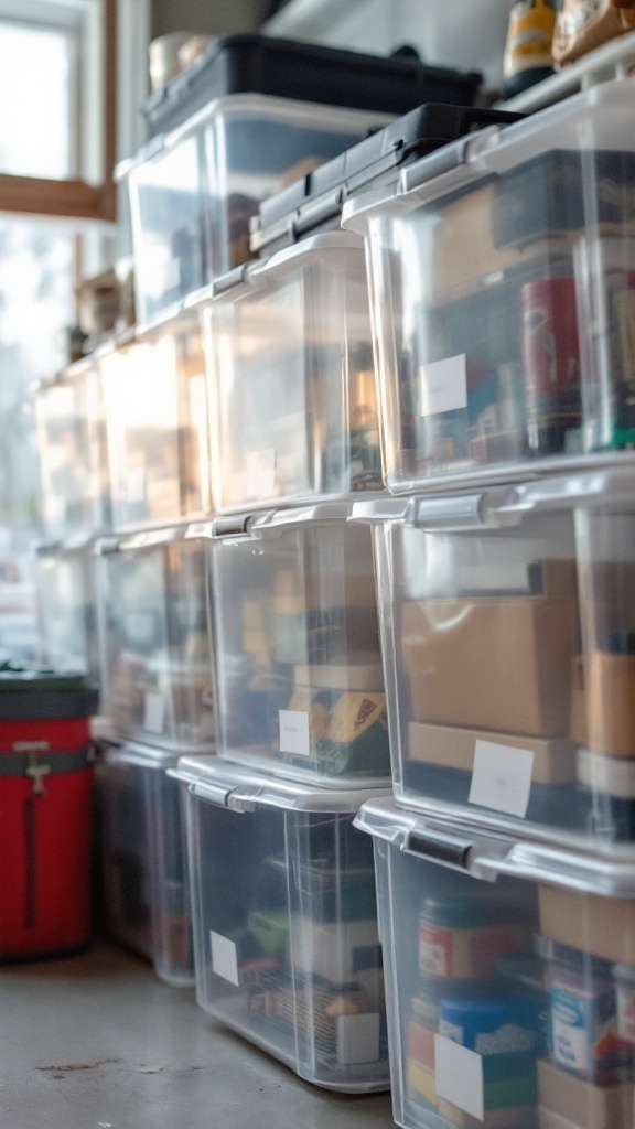 Clear storage bins stacked in a garage, showing organized contents inside.