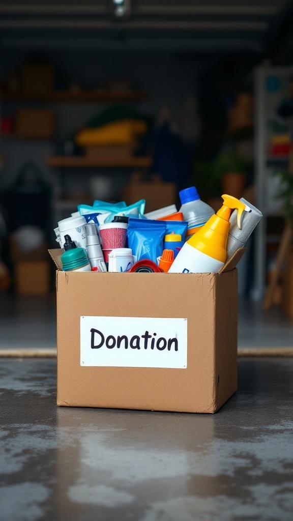 A cardboard box labeled 'Donation' filled with various cleaning supplies and items, placed in a garage setting.