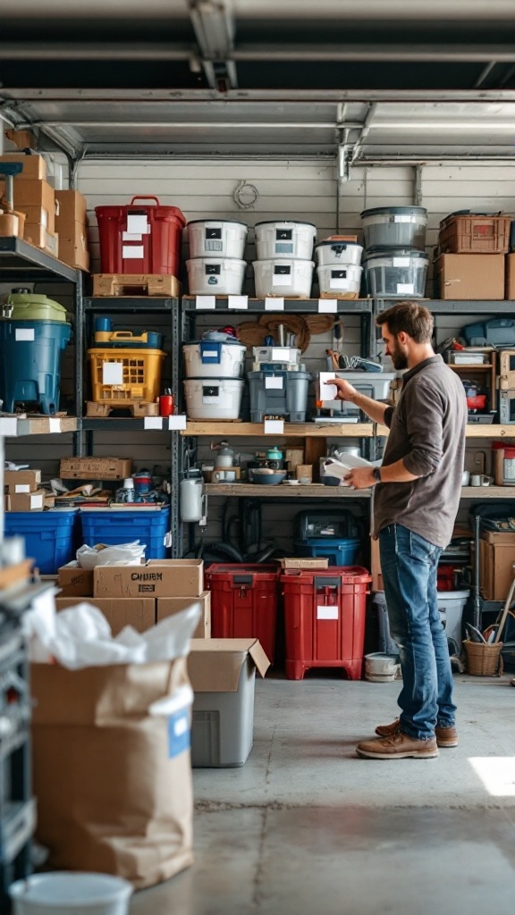 A cluttered garage with labeled boxes and containers on shelves.