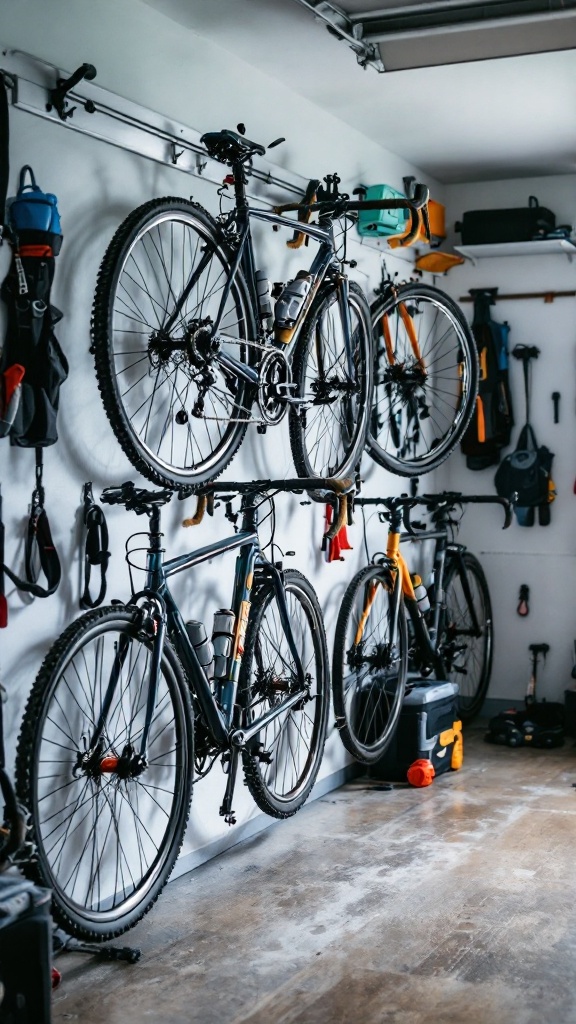 Bikes hanging on a wall-mounted rack in a garage