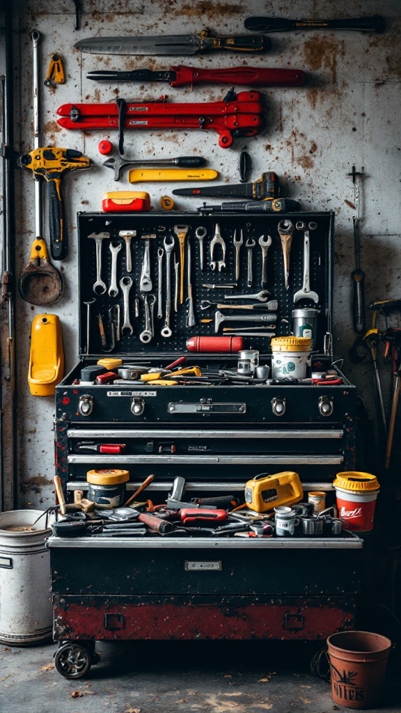 A tool chest filled with various tools and equipment in a garage setting.