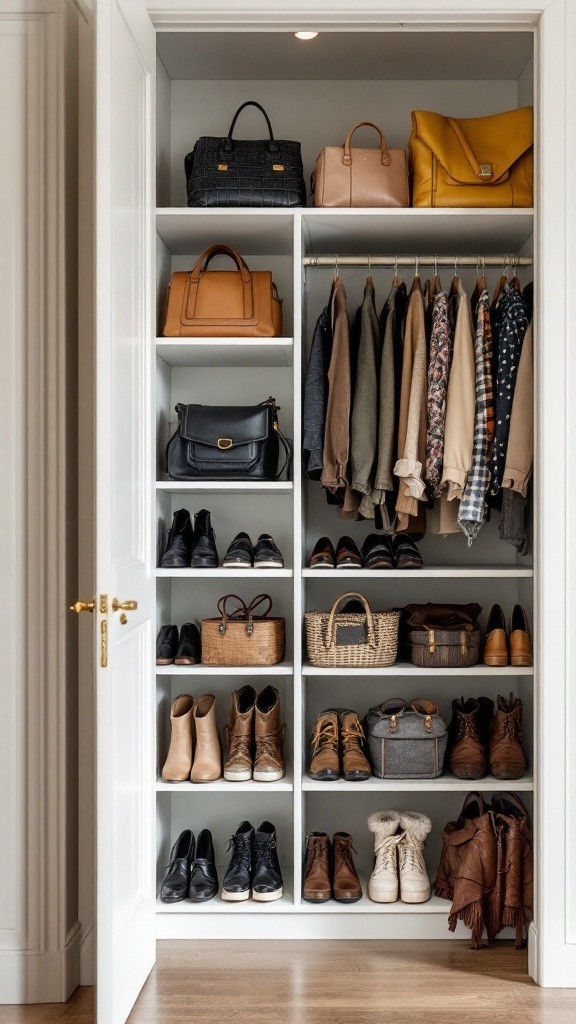 Organized closet with shelves displaying shoes, bags, and clothing.