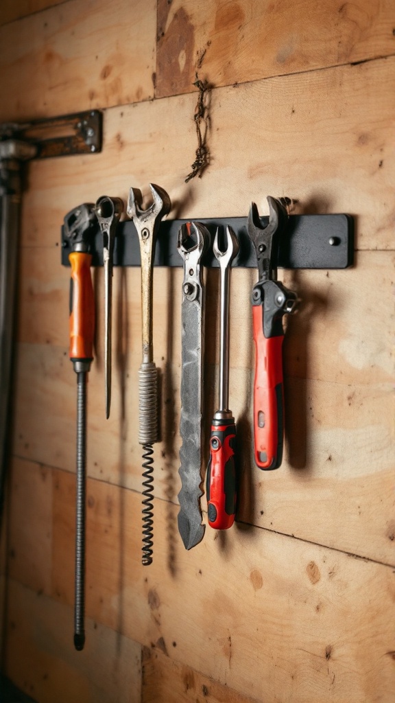 A wall display with various metal tools organized on magnetic strips.