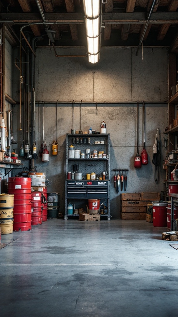 Organized garage space with hazardous materials clearly labeled