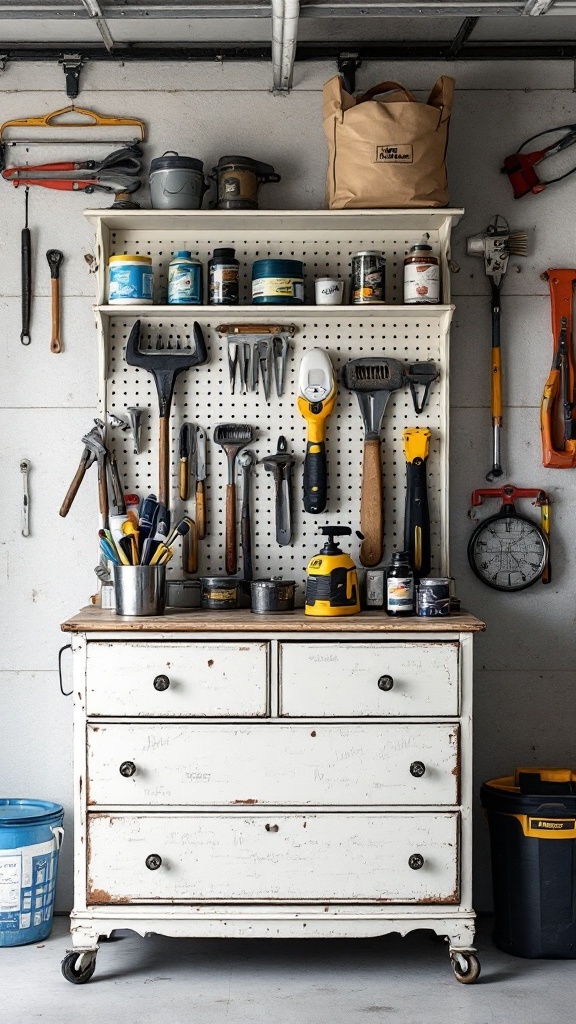 Repurposed vintage dresser in a garage, used for tool storage.