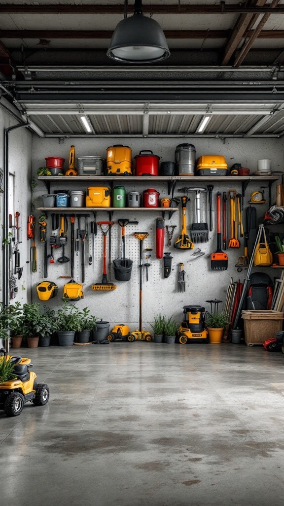 Organized garage with tools and plants neatly arranged on shelves