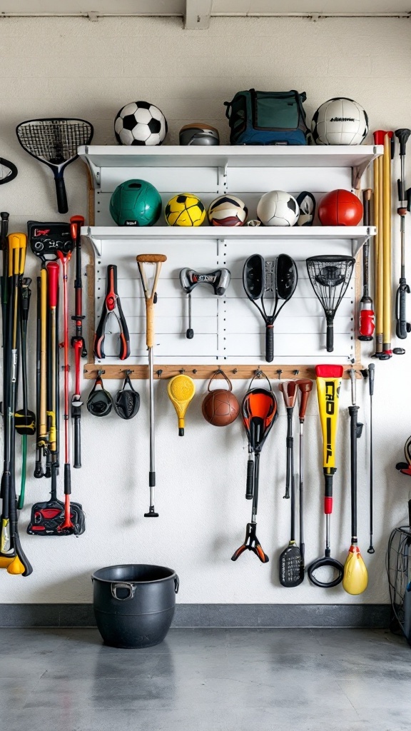 A well-organized sports equipment rack featuring various balls and sports gear.