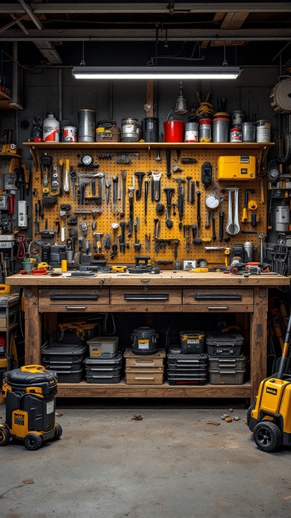 A well-organized garage workbench with various tools and storage options.