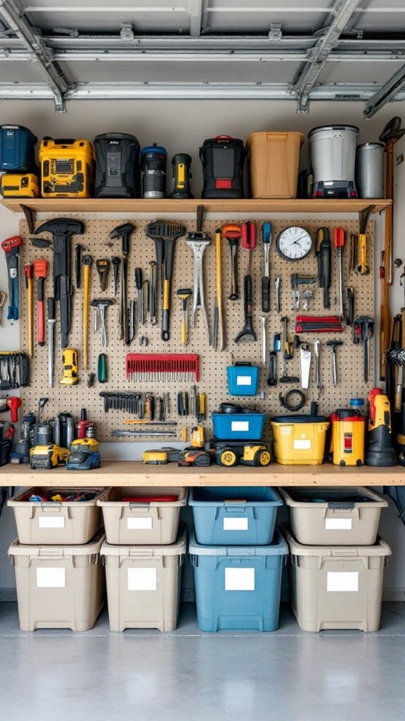 Well-organized garage shelving with tools and storage bins