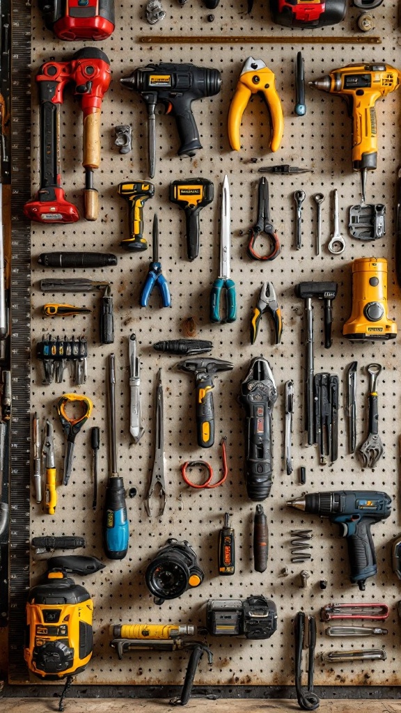 A garage pegboard with various tools organized neatly for easy access.