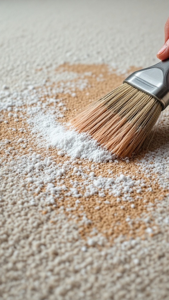 A person brushing baking soda onto a stained carpet.