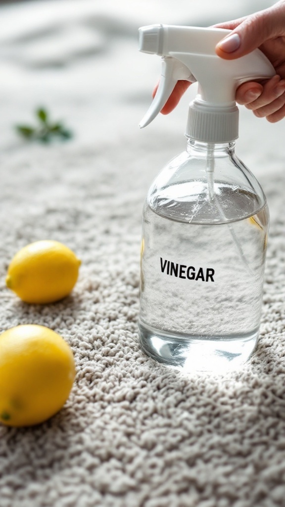 A spray bottle labeled 'VINEGAR' beside two lemons on a carpet