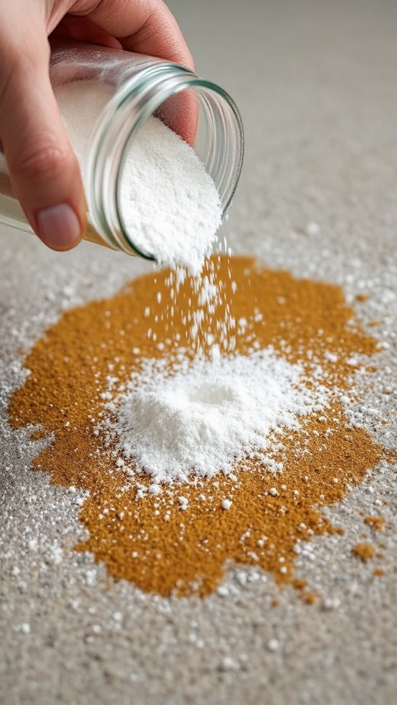 A hand pouring cornstarch onto a carpet stain.