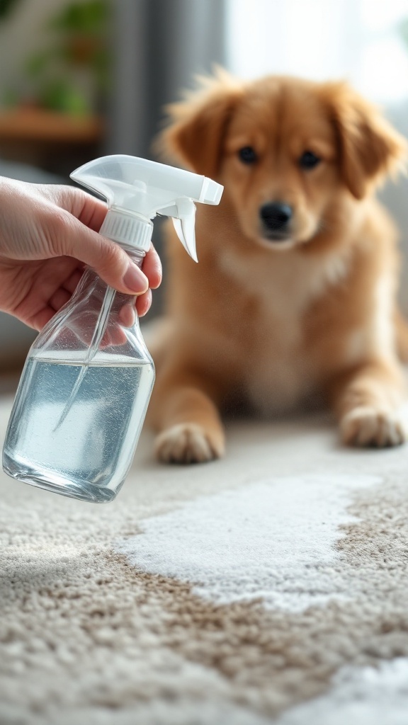 A person holding a spray bottle of pet stain remover while a dog looks on.