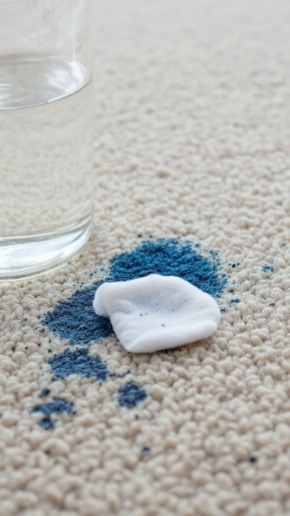 A hand using a cotton ball to remove an ink stain from carpet with rubbing alcohol.