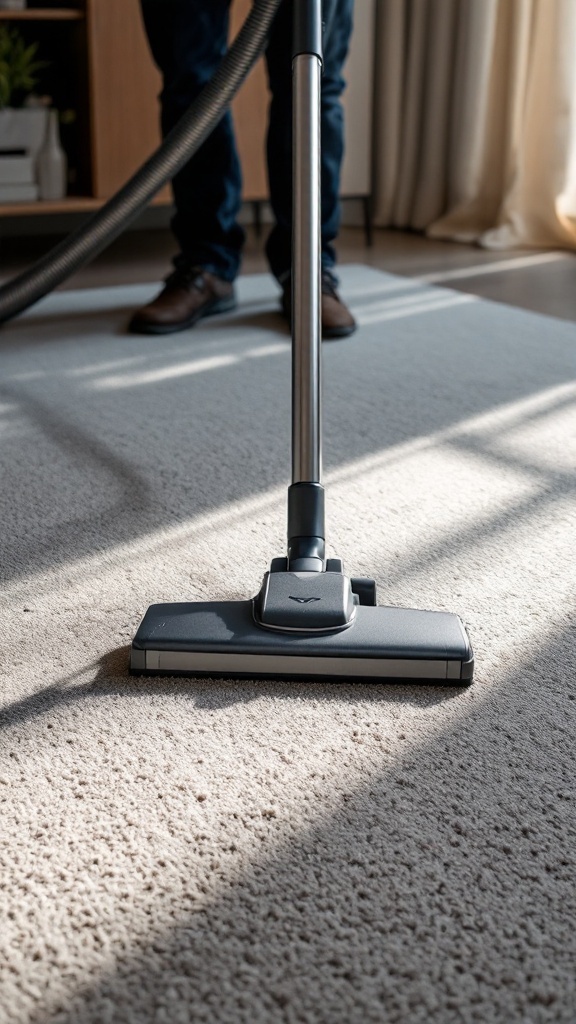 Person vacuuming a light-colored carpet in a bright room