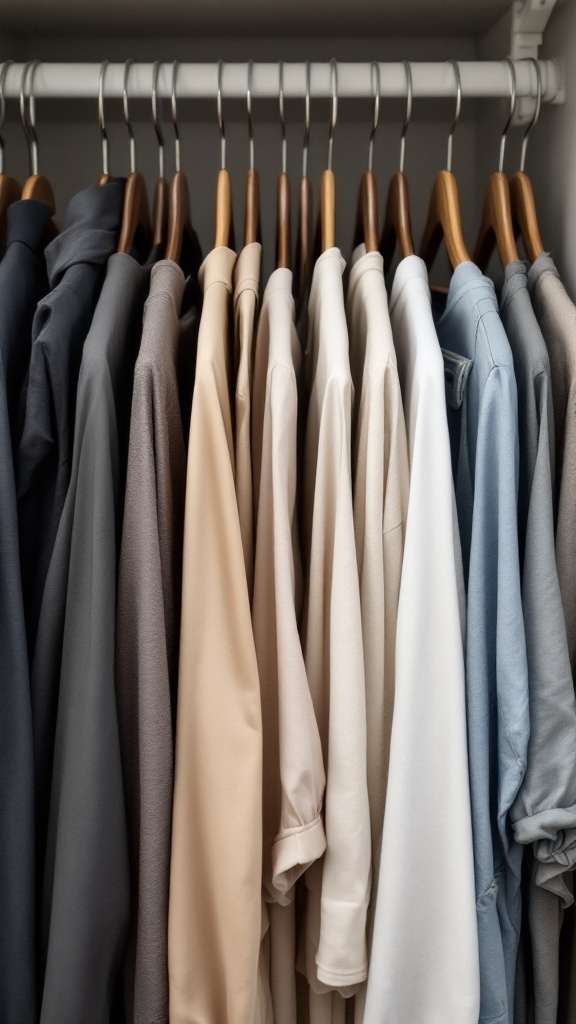 A neatly organized closet featuring slim hangers with various colored shirts.