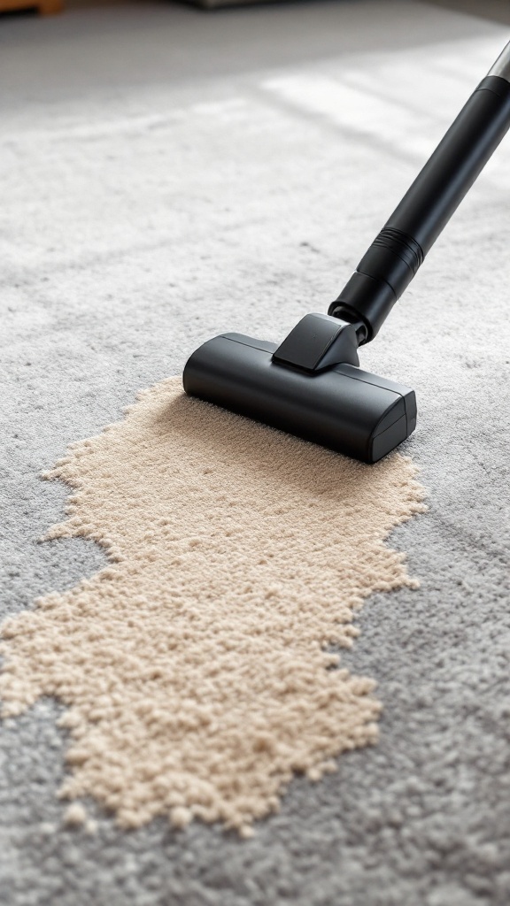 A small vacuum cleaner on a carpet with a spill.