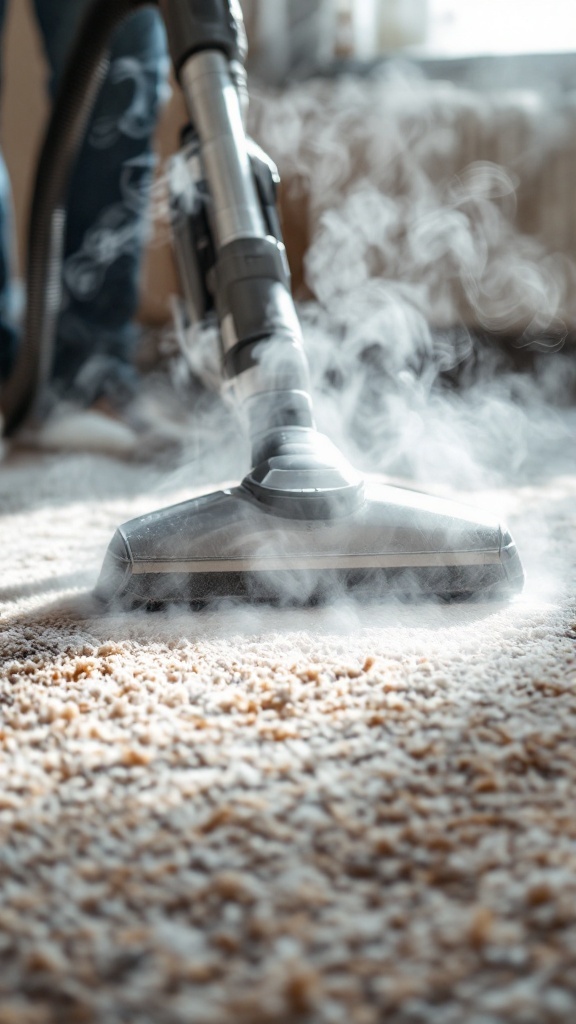 A close-up of a steam cleaner in action on a carpet, producing steam.