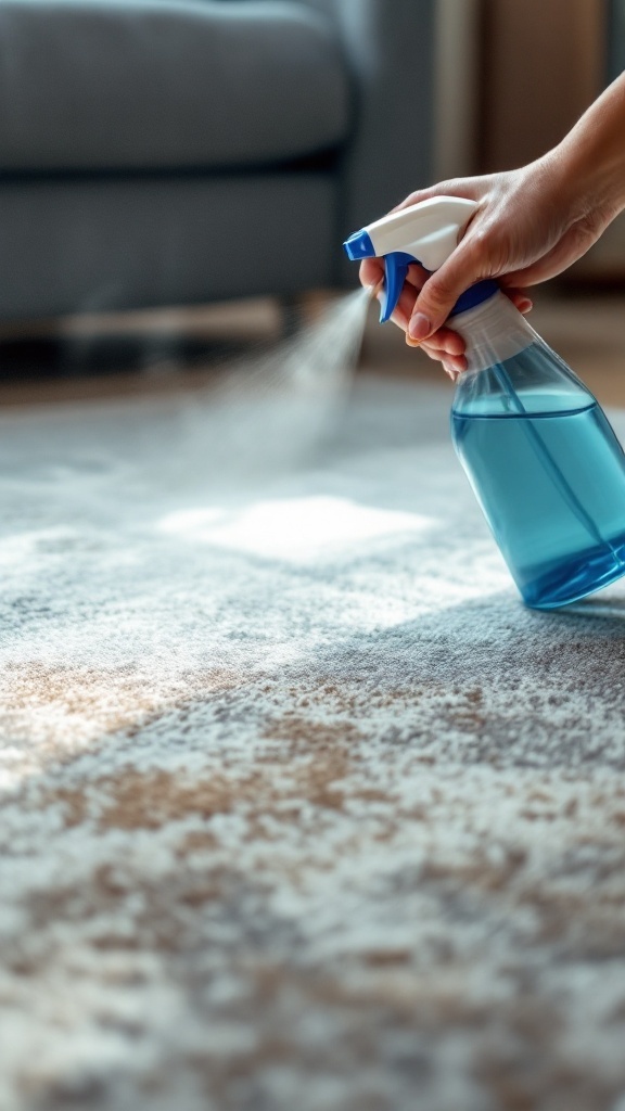 A person spraying a blue cleaning solution on a carpet