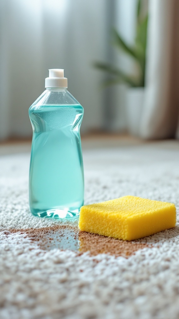 A bottle of dish soap next to a yellow sponge on a carpet with a stain.