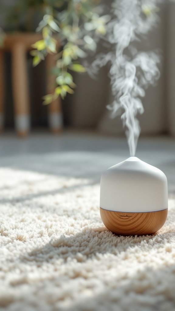 A diffuser emitting steam on a soft carpet.